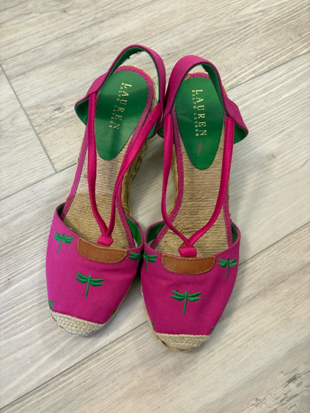 Lauren Ralph Lauren Fuchsia Espadrille Wedges with Green Dragonfly Embroidery Sz